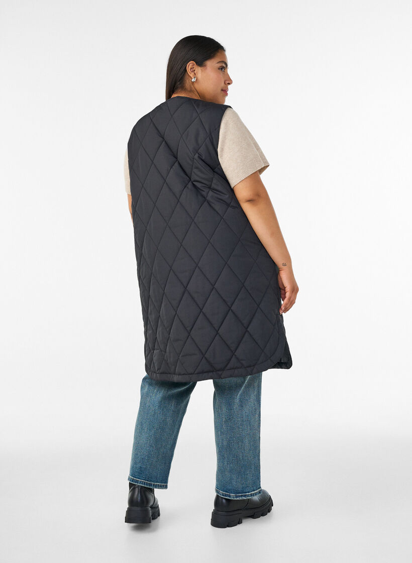 Langt vattert vest med trykknapper, Svart, Model image number 2