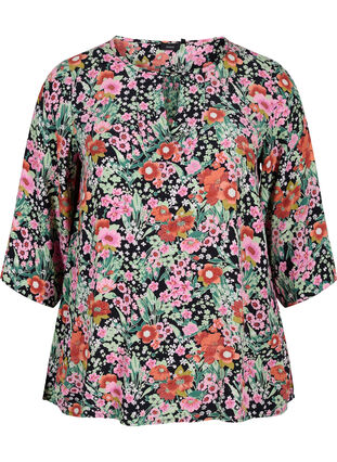 Blomstrete bluse med 3/4-ermer, Green Flower AOP, Packshot image number 0