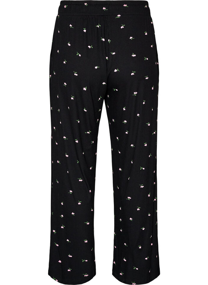 Pyjamabukser med ribbet tekstur og blomstertrykk, Svart, Packshot image number 1