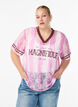 Stripete bluse med blonder og statement-trykk, Rosa, Model image number 0