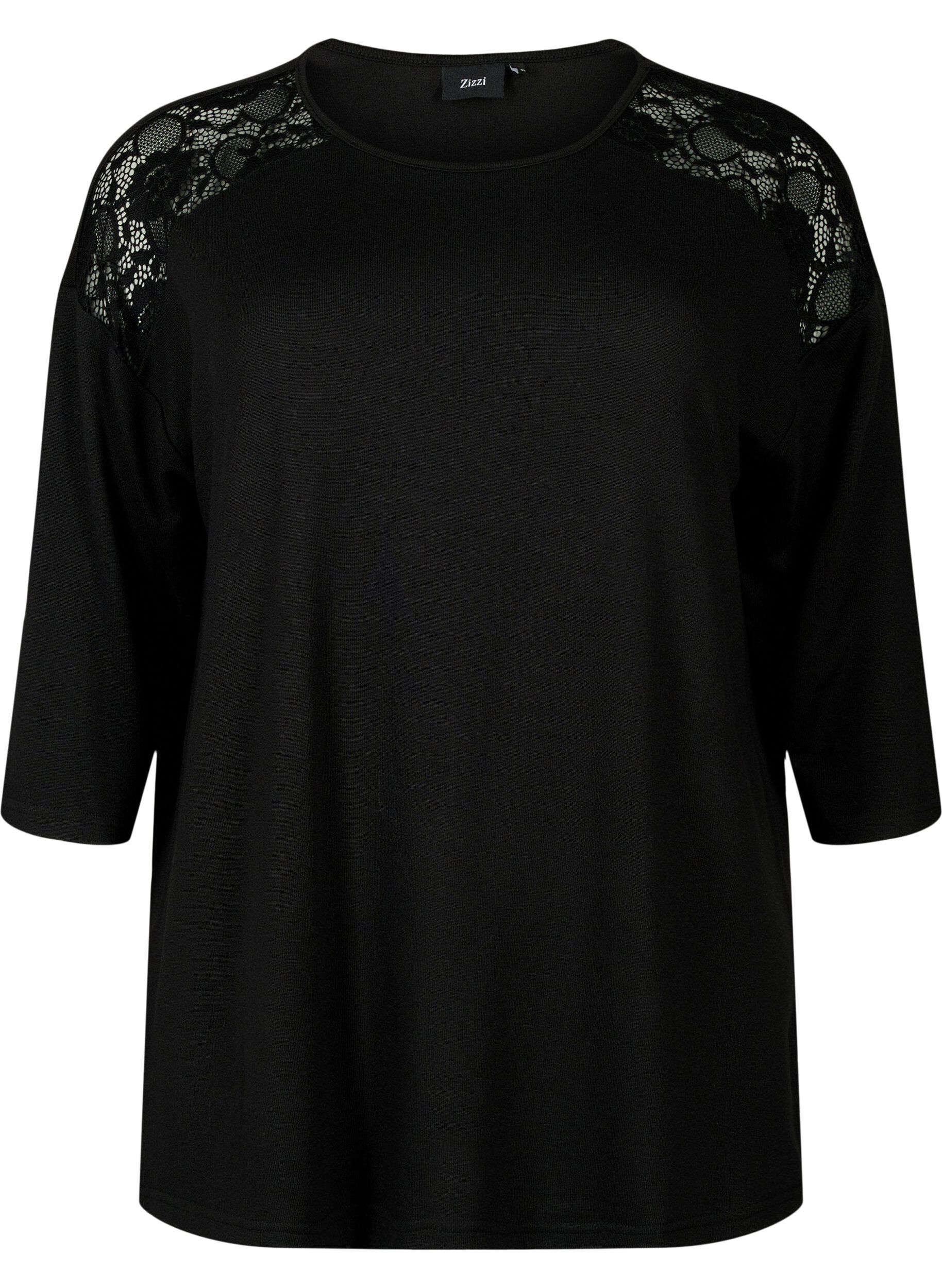 Zizzi Bluse med 3/4-ermer og blondedetaljer, Black, Packshot image number 0