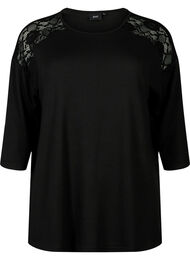 Bluse med 3/4-ermer og blondedetaljer, Black