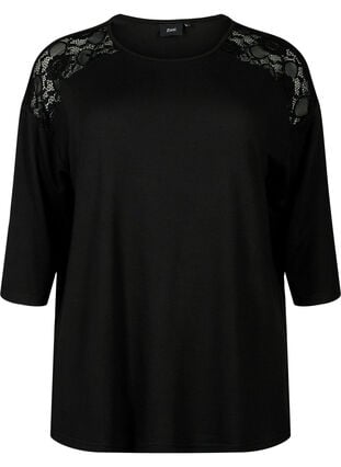 Bluse med 3/4-ermer og blondedetaljer, Black, Packshot image number 0