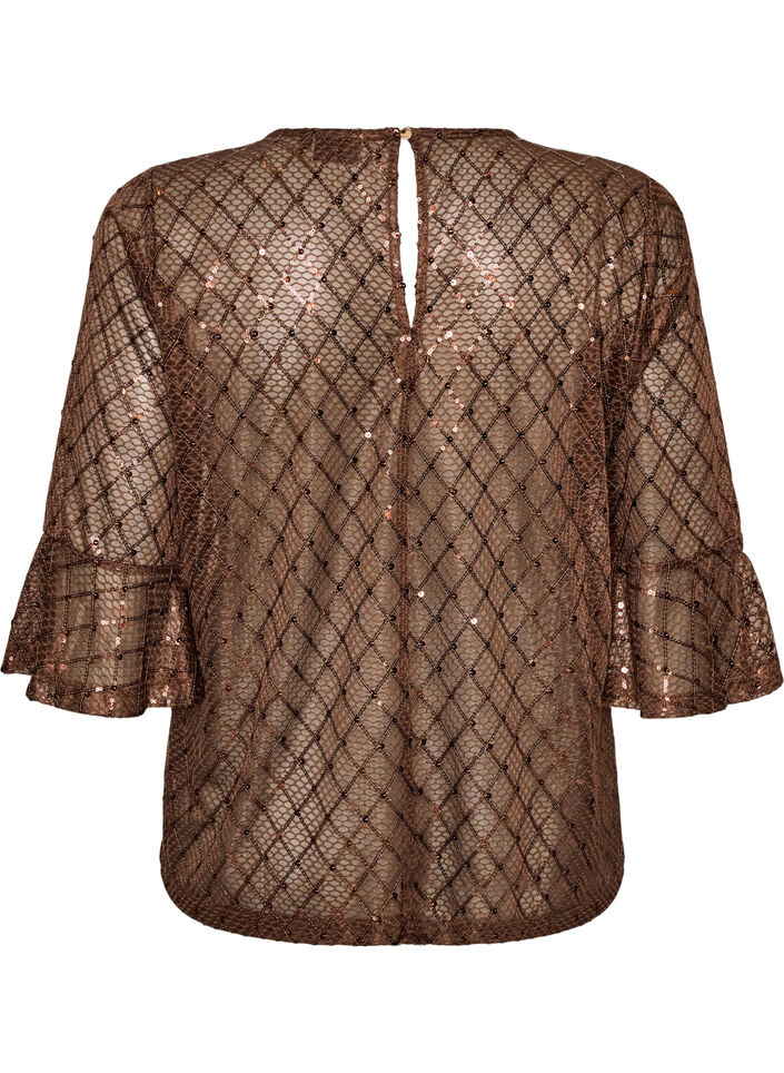Gjennomsiktig bluse med paljetter og diamantm&oslash;nster, Brun, Packshot image number 1