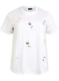 T-skjorte med paljettblomster, Hvit T-skjorte med paljettblomster