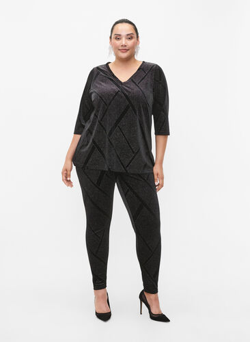 Velour leggings med glitter og mønster, Black, Model image number 0