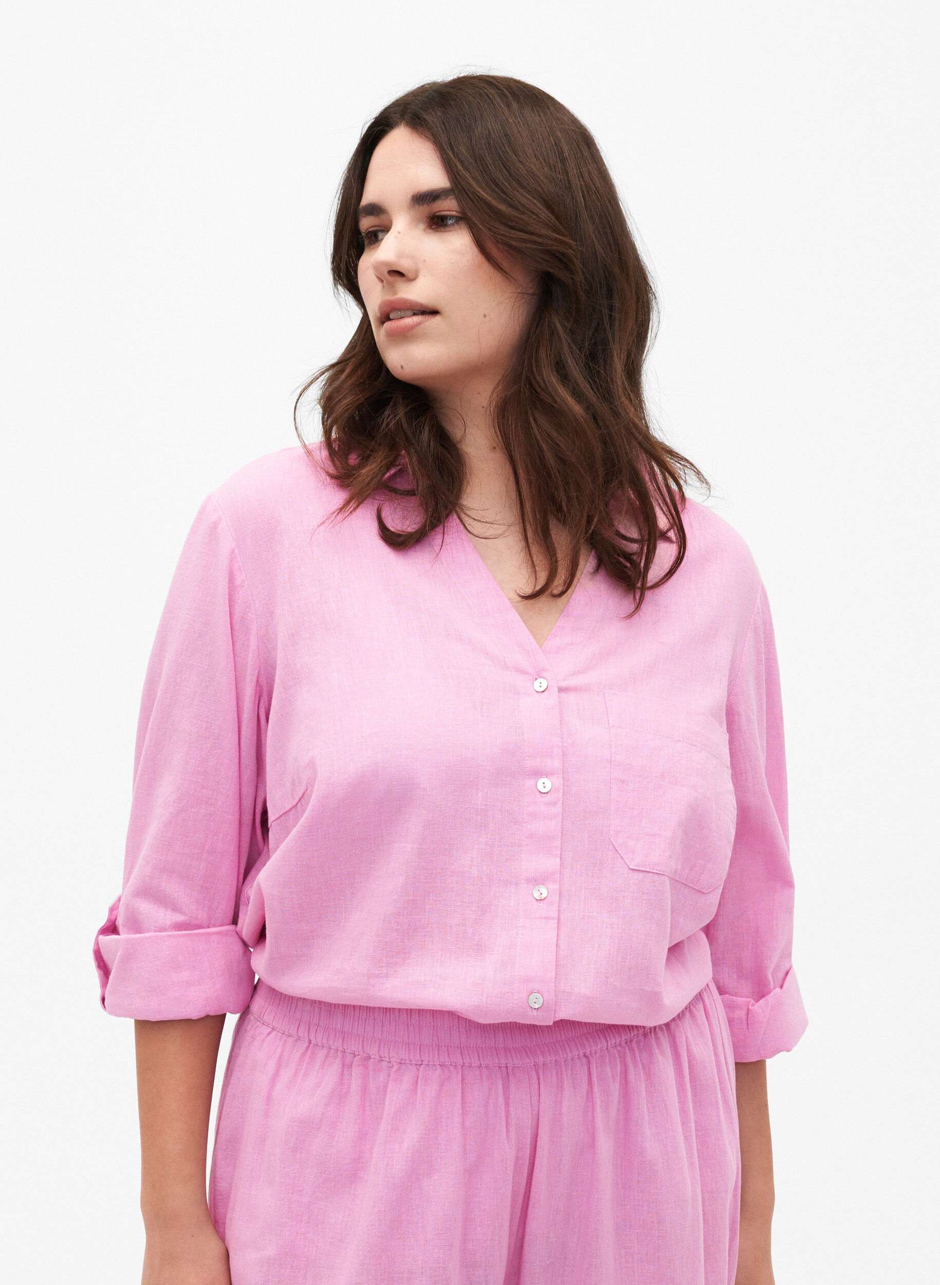 ZizziSkjortebluse med knappelukking i bomull-lin-blanding, Rosebloom, Model image number 0