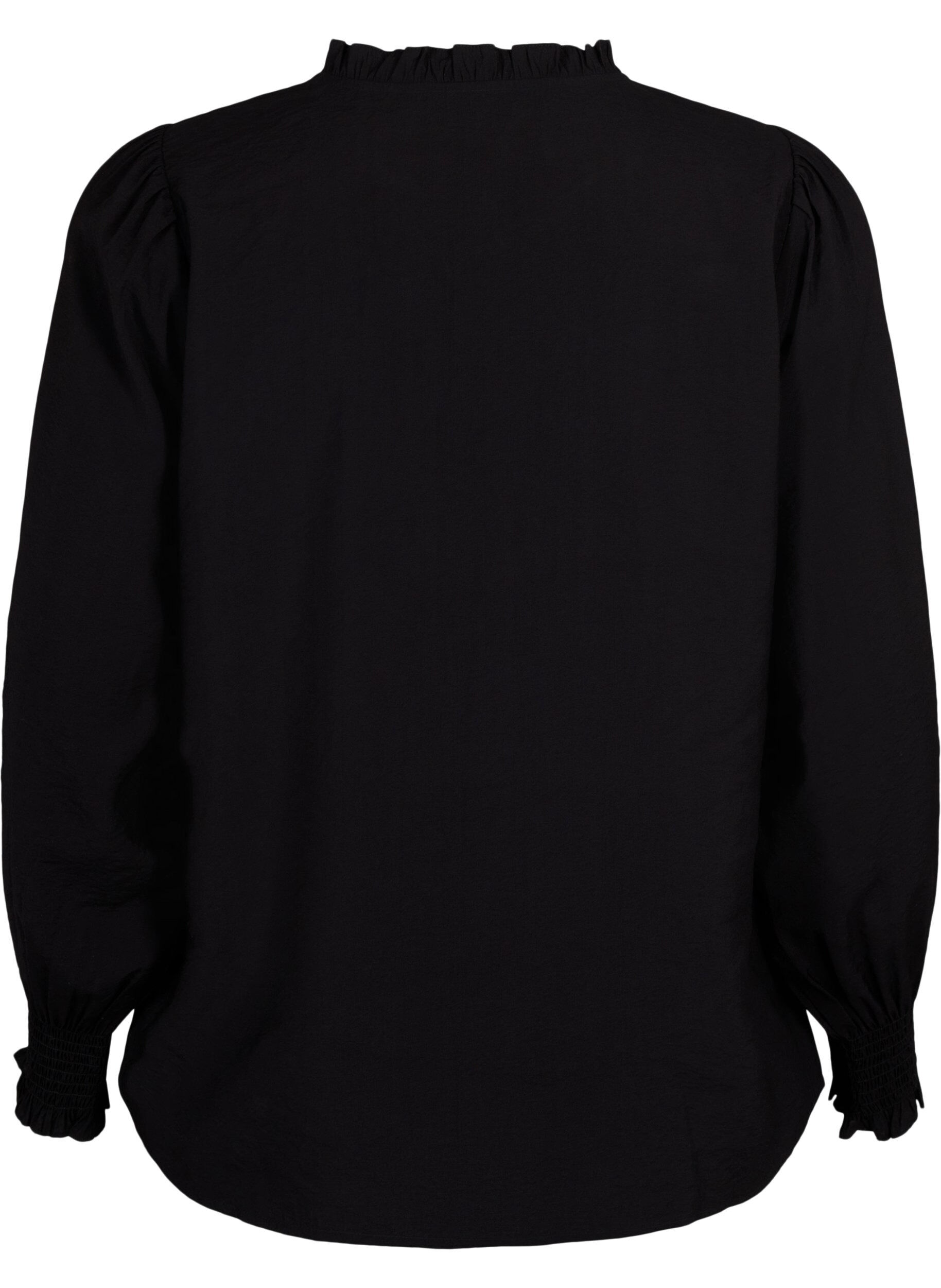 Zizzi Bluse med volanger og broderi anglaise, Black, Packshot image number 1