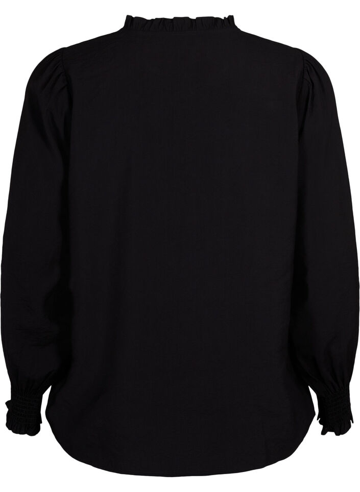 Bluse med volanger og broderi anglaise, Black, Packshot image number 1