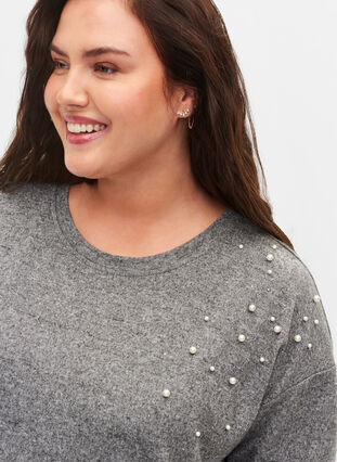 Langermet bluse med perledetaljer, Medium Grey Melange, Model image number 2