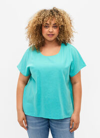 Kortermet bluse i bomullsblanding med lin, Turquoise, Model