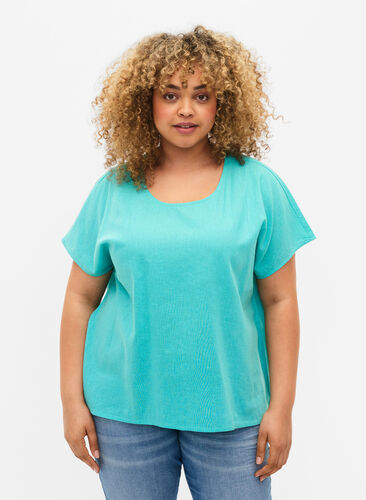 Kortermet bluse i bomullsblanding med lin, Turquoise, Model image number 0