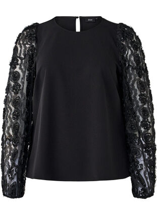 Zizzi Bluse med 3D-blomster, Black, Packshot image number 0