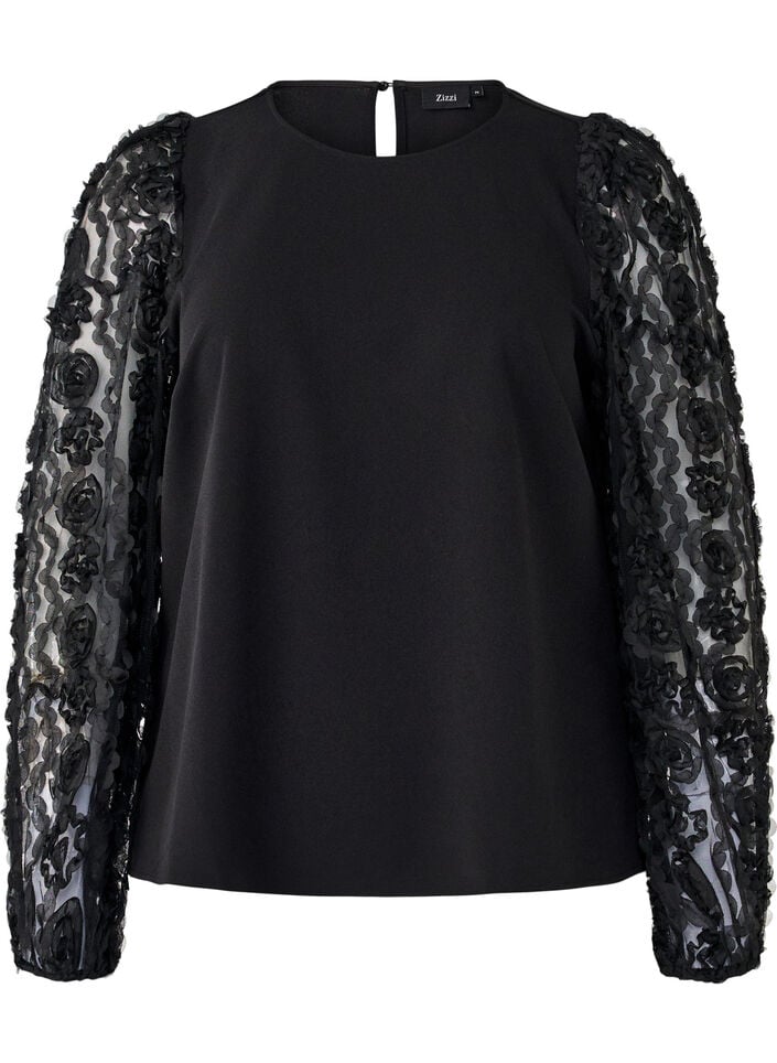 Bluse med 3D-blomster, Black, Packshot image number 0