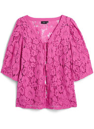 Bluse med blonder, 3/4 ermer og sløyfer foran, Purple Orchid