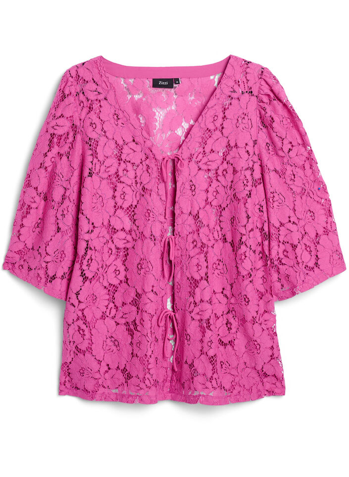 Bluse med blonder, 3/4 ermer og sløyfer foran, Purple Orchid, Packshot