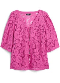 Bluse med blonder, 3/4 ermer og sløyfer foran, Lilla Bluse med blonder, 3/4 ermer og sløyfer foran