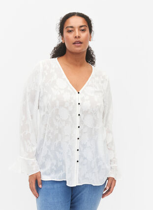 Langermet skjorte i jacquard look, Bright White, Model image number 0