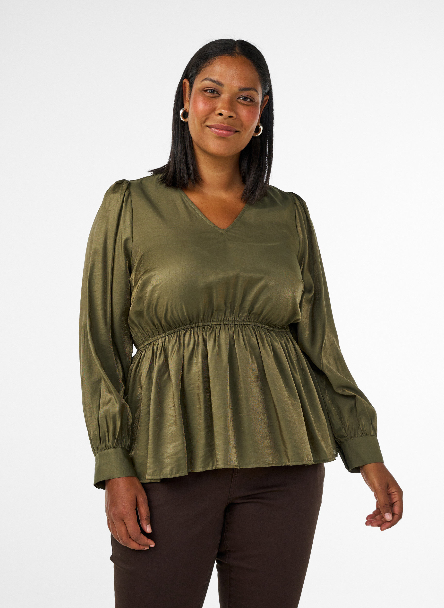 ZizziSkinnende viskosebluse med peplumeffekt, Gr&oslash;nn, Model image number 0