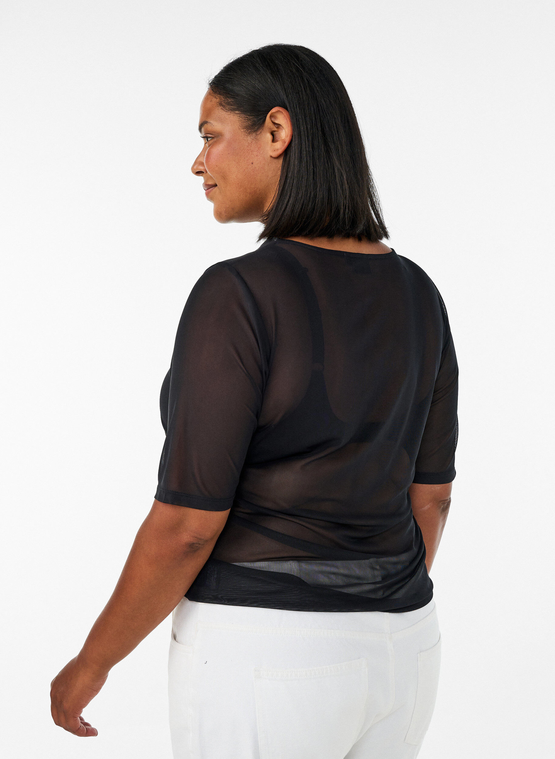 ZizziMesh topp med korte ermer og rund hals, Svart, Model image number 1
