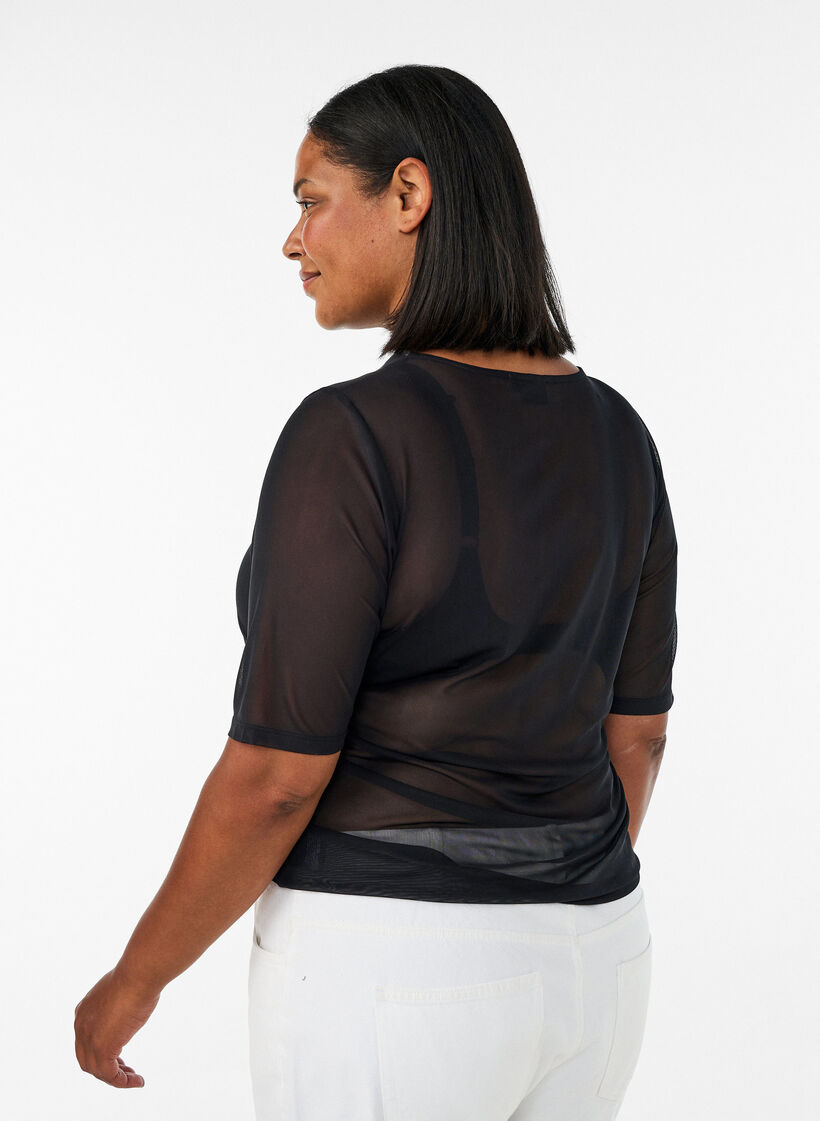 Mesh topp med korte ermer og rund hals, Svart, Model image number 1