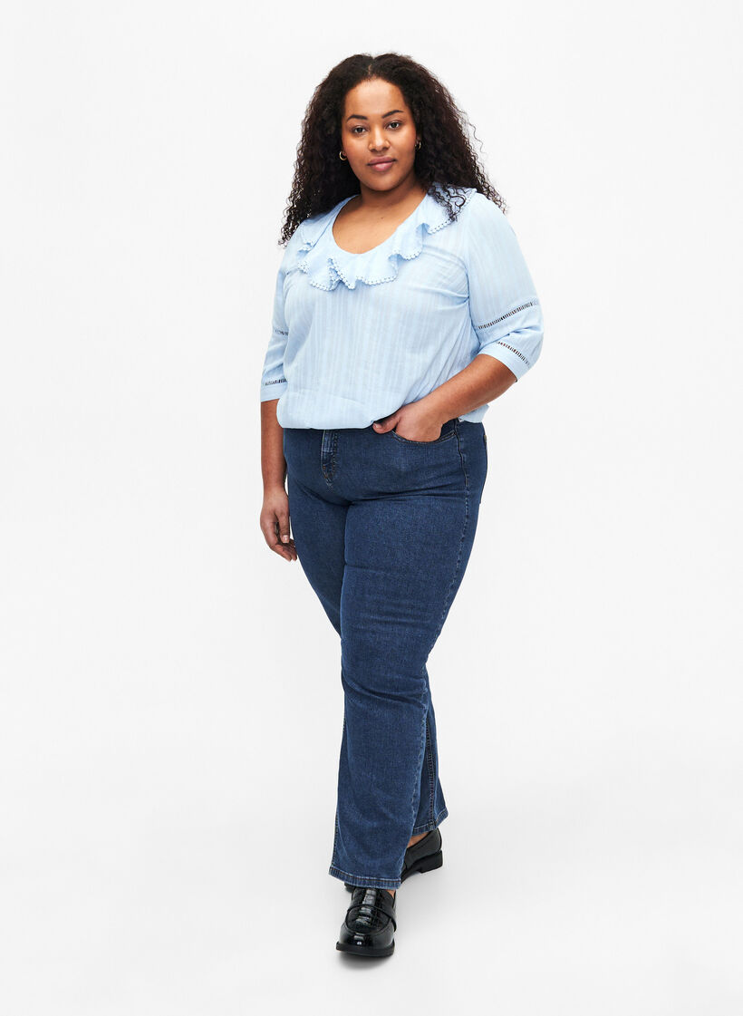 Bluse med 3/4-ermer og blonder, Chambray Blue, Model image number 2