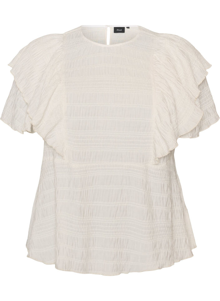 Bluse med smockstruktur og volangermer, Vanilje, Packshot image number 0