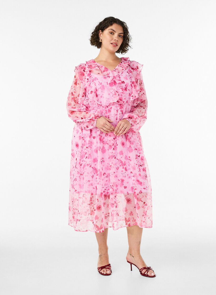 Chiffonkjole med blomsterprint, volanger og lange ermer, Rosa, Model image number 0