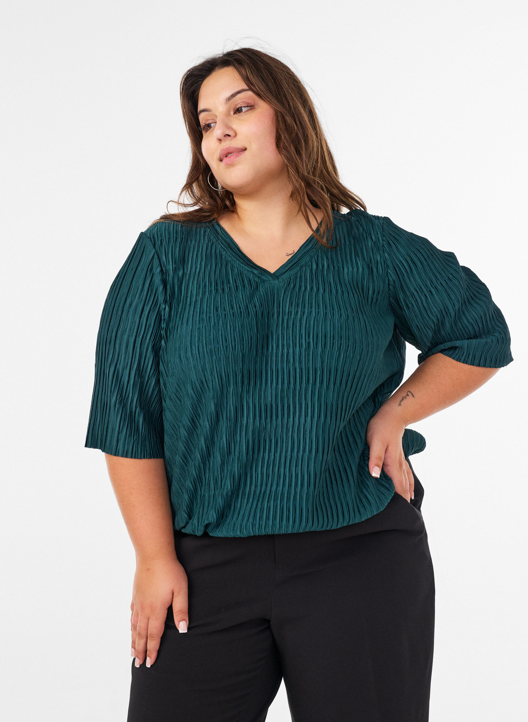 ZizziBluse med b&oslash;lget tekstur og ballongfasong, Gr&oslash;nn, Model image number 0
