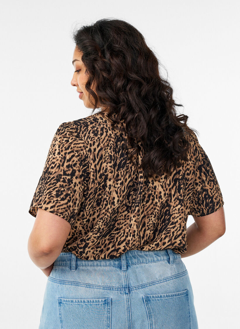 Bluse med korte ermer og v-hals, Brun, Model image number 2