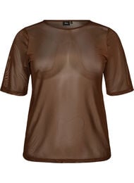 Mesh topp med korte ermer og rund hals, Brun