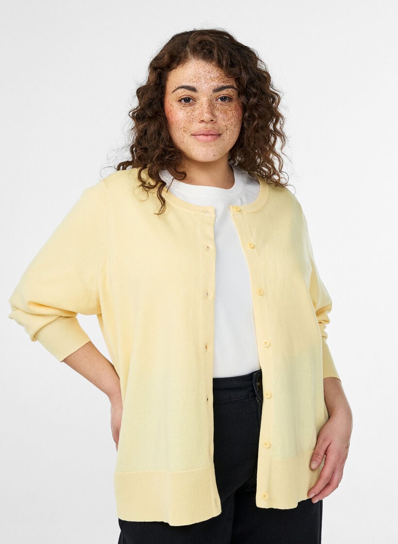 FLASH - Finstrikket cardigan med rund hals, Gul, Model image number 0