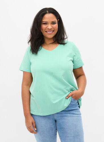 Basis T-skjorte med V-hals, Dusty Jade Green, Model image number 0