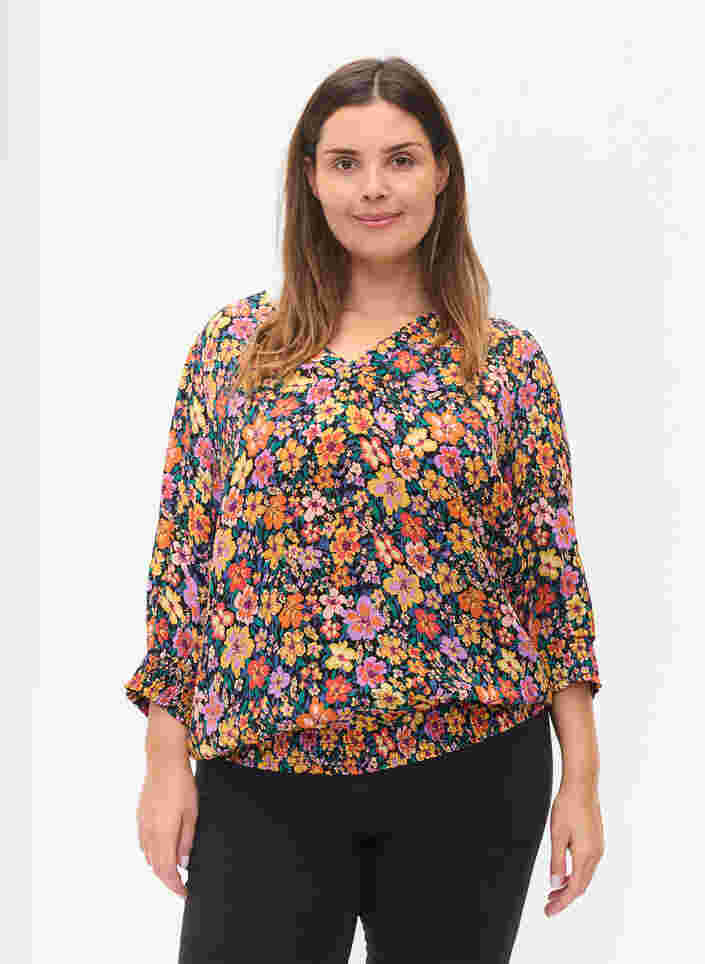 Blomstrete viskosebluse med smock, Multi Flower AOP, Model