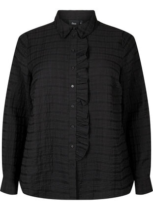 Skjorte med struktur og volangdetaljer, Black, Packshot image number 0