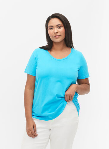 Ensfarget basis T-skjorte i bomull, Blue Atoll, Model image number 0