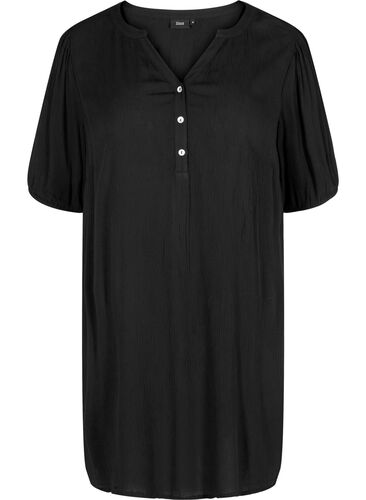 Viskosetunika med V-hals og knapper, Black, Packshot image number 0