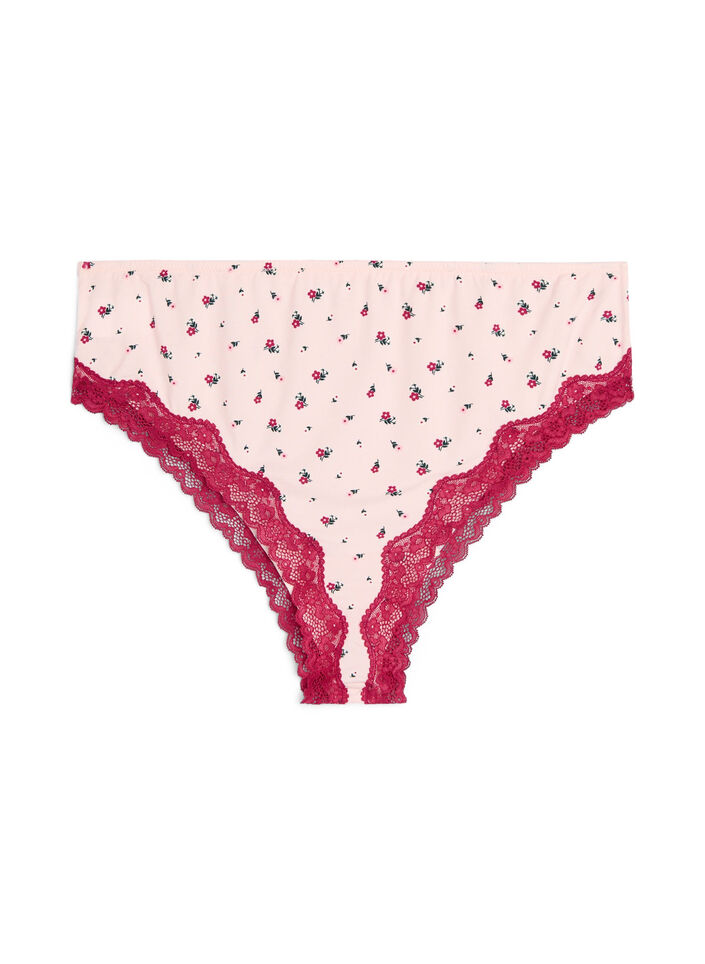 Brasilianske truser med blomstertrykk og blonder, Rosa, Packshot image number 1