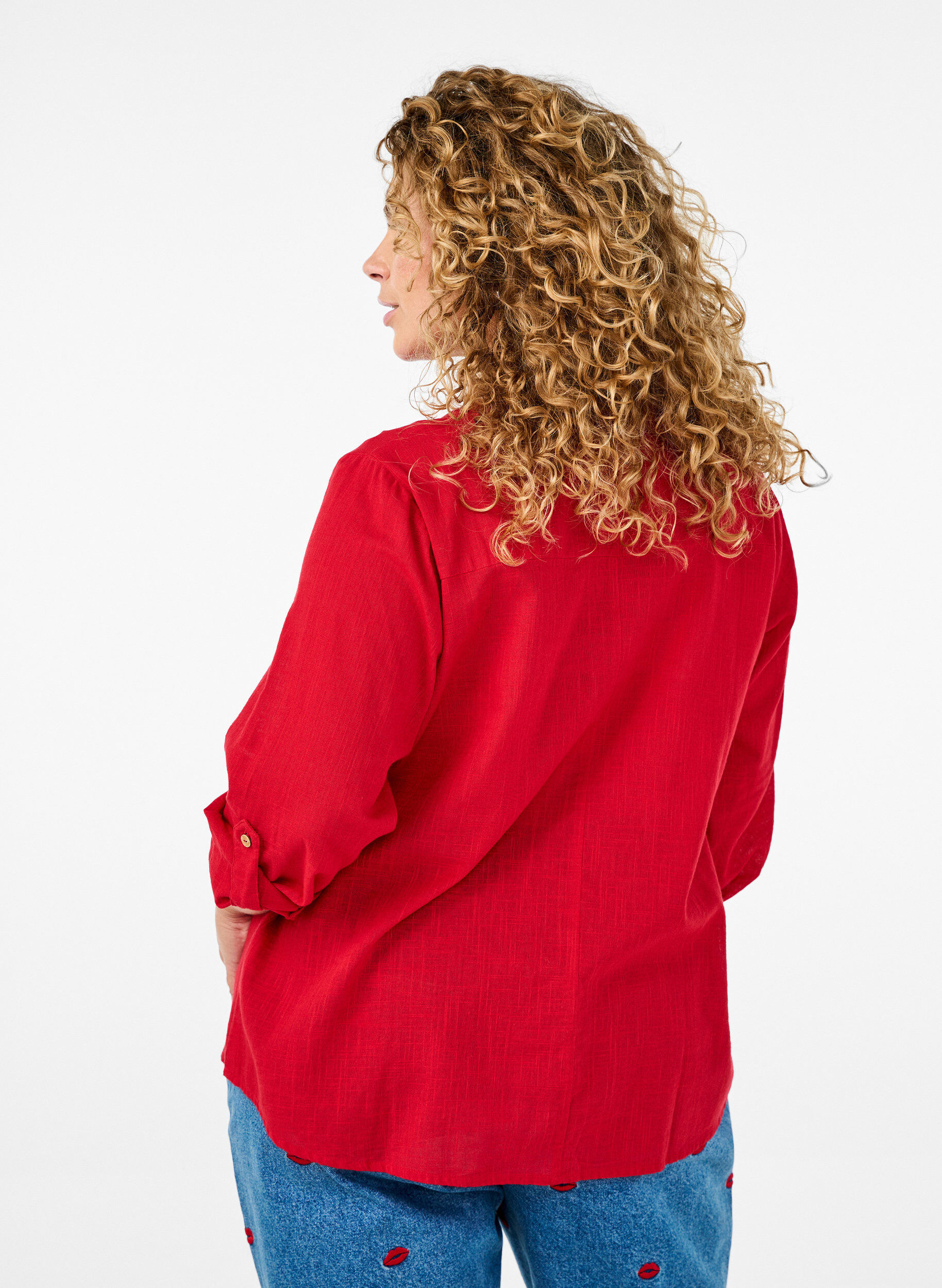 ZizziBomullsbluse med V-hals, R&oslash;d, Model image number 2