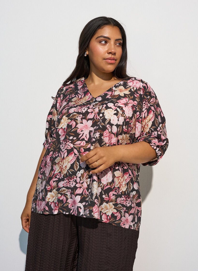 Viskosebluse med V-hals, Rosa, Model image number 0
