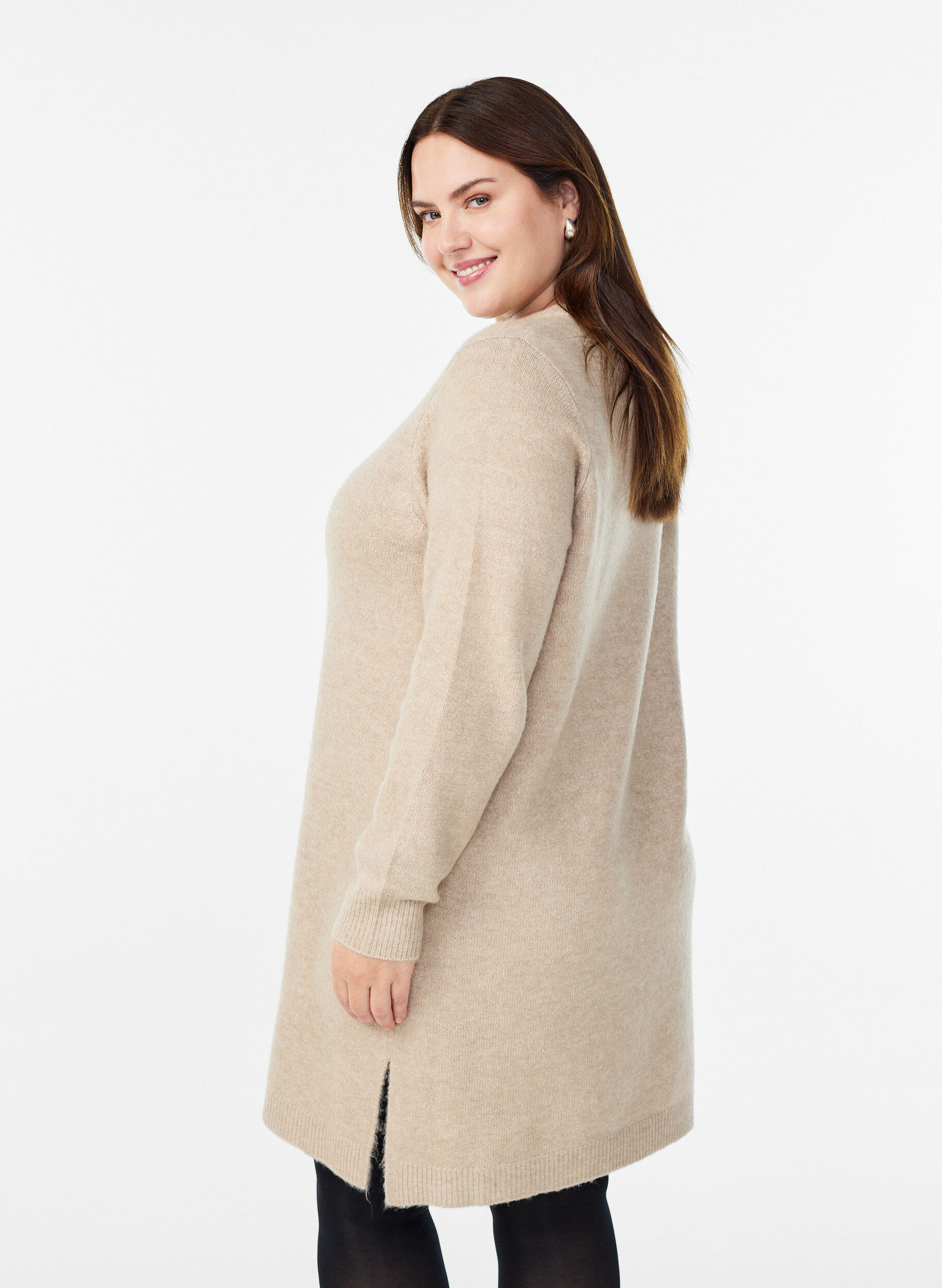 Zizzi Kort strikket kjole med rhinesteiner, Beige, Model image number 2