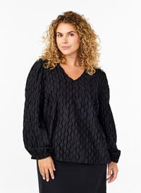 Langermet mønstret bluse med V-hals, Black Langermet mønstret bluse med V-hals, Black, Model