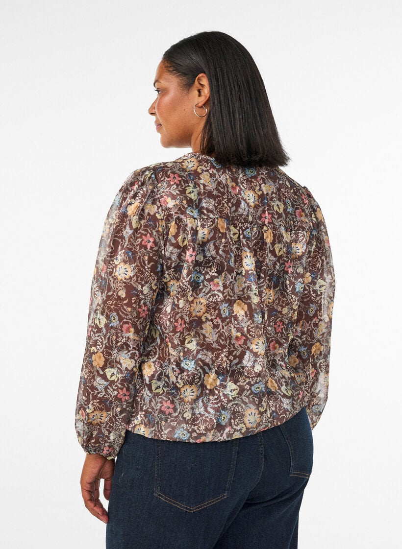 Bluse med blomstertrykk og ballongermer, Brun, Model image number 2
