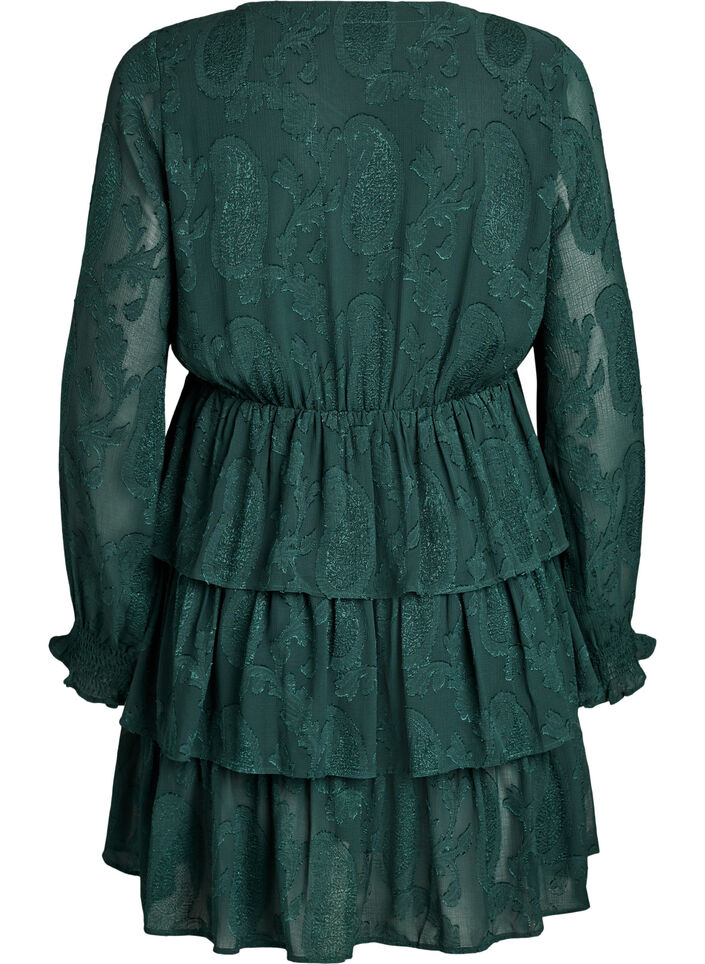 Kort kjole med volanger og teksturert mønster, Grønn, Packshot image number 1