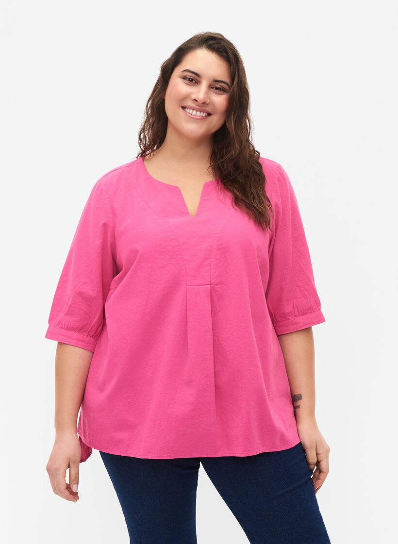 FLASH - Bluse i bomull med halvlange ermer, Raspberry Rose, Model image number 0
