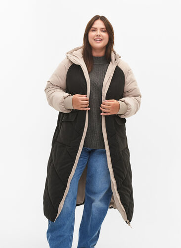 Lang fargeblokket vinterjakke med hette, Black Comb, Model image number 2