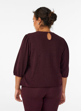 Zizzi Bluse med glittermønster og 3/4 ermer, Mørk Bordeaux, Model image number 2