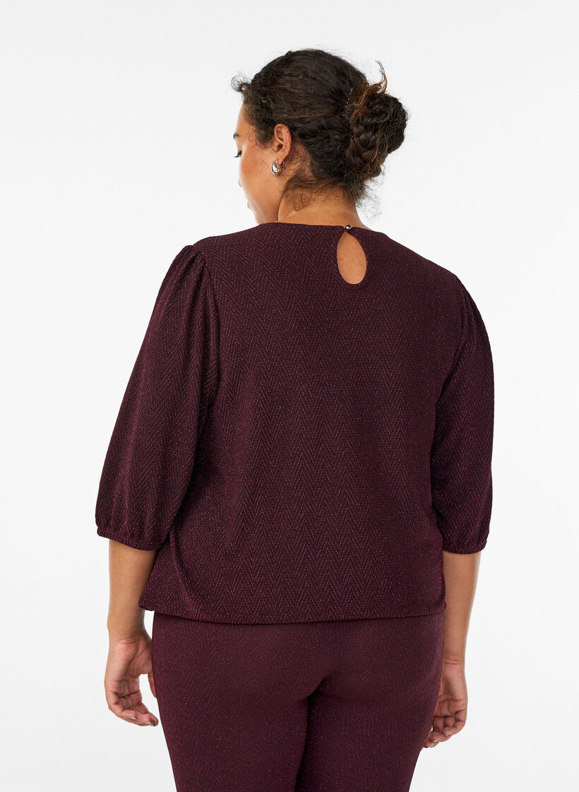 Bluse med glittermønster og 3/4 ermer, Mørk Bordeaux, Model image number 2