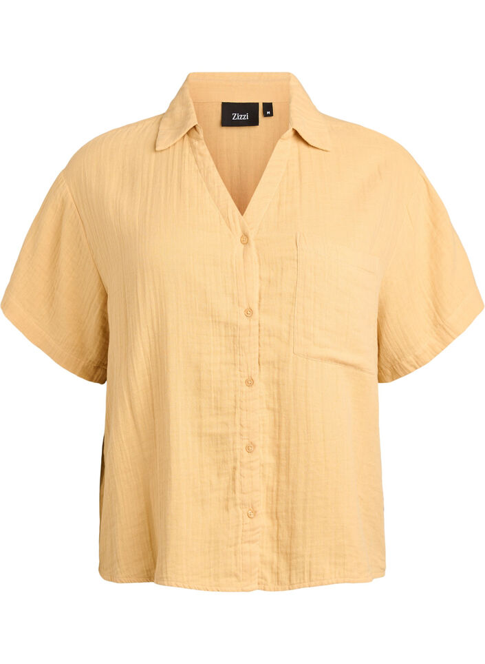 Bluse i bomullsmusselin med korte ermer, Gul, Packshot image number 0
