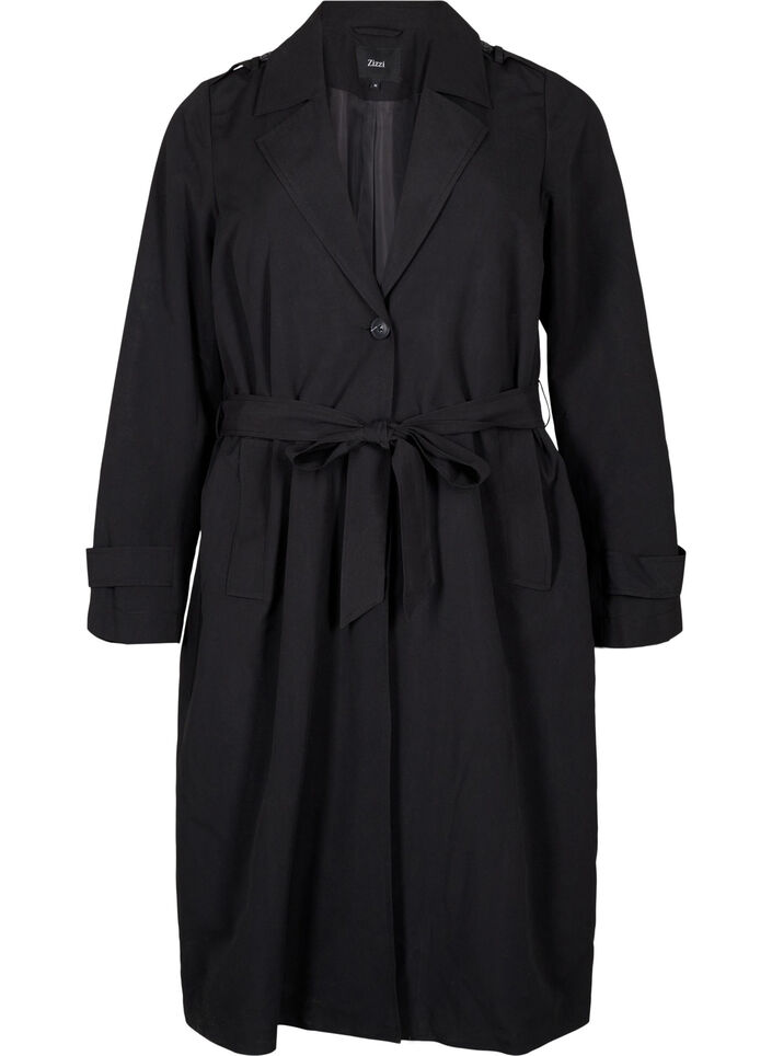 Lang trenchcoat med belte, Black, Packshot image number 0